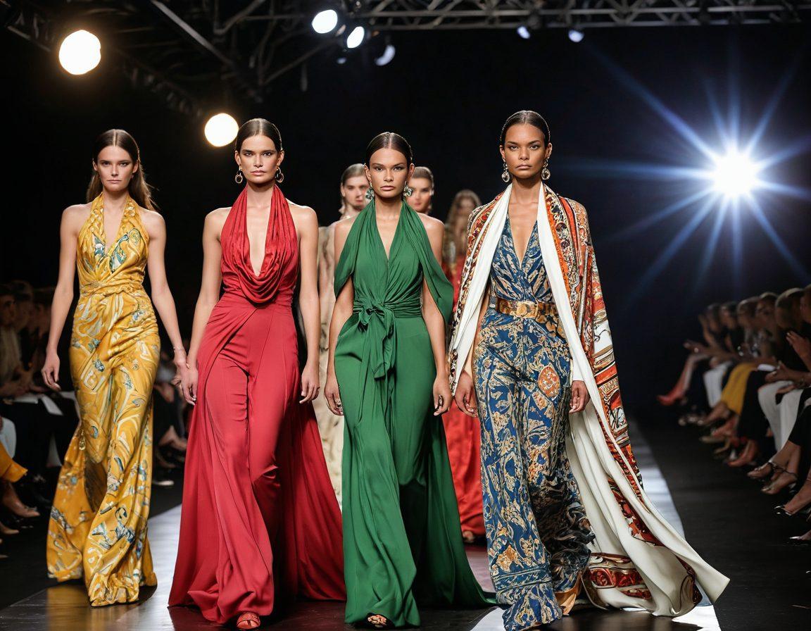 A chic fashion runway showcasing models wearing stylish sneeves in various colors and patterns, with oversized scarves draping elegantly. The background should include luxurious fabrics and accessories, radiating a high-fashion vibe. Include a light, airy atmosphere to enhance the beauty of the sneeves. vibrant colors. super-realistic.