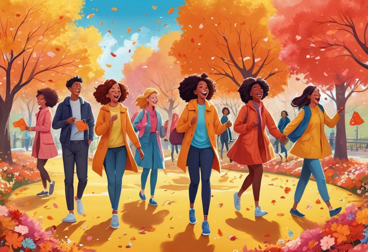 A whimsical illustration of people experiencing joyful sneezes in a vibrant park, surrounded by colorful tissues and stylish sneeze-proof fashion. Include seasonal elements like blossoms and fallen leaves to signify changing seasons, and diverse characters showing off trendy and quirky designs. Bright and playful colors enhance the fun atmosphere. cartoon style. vibrant colors.